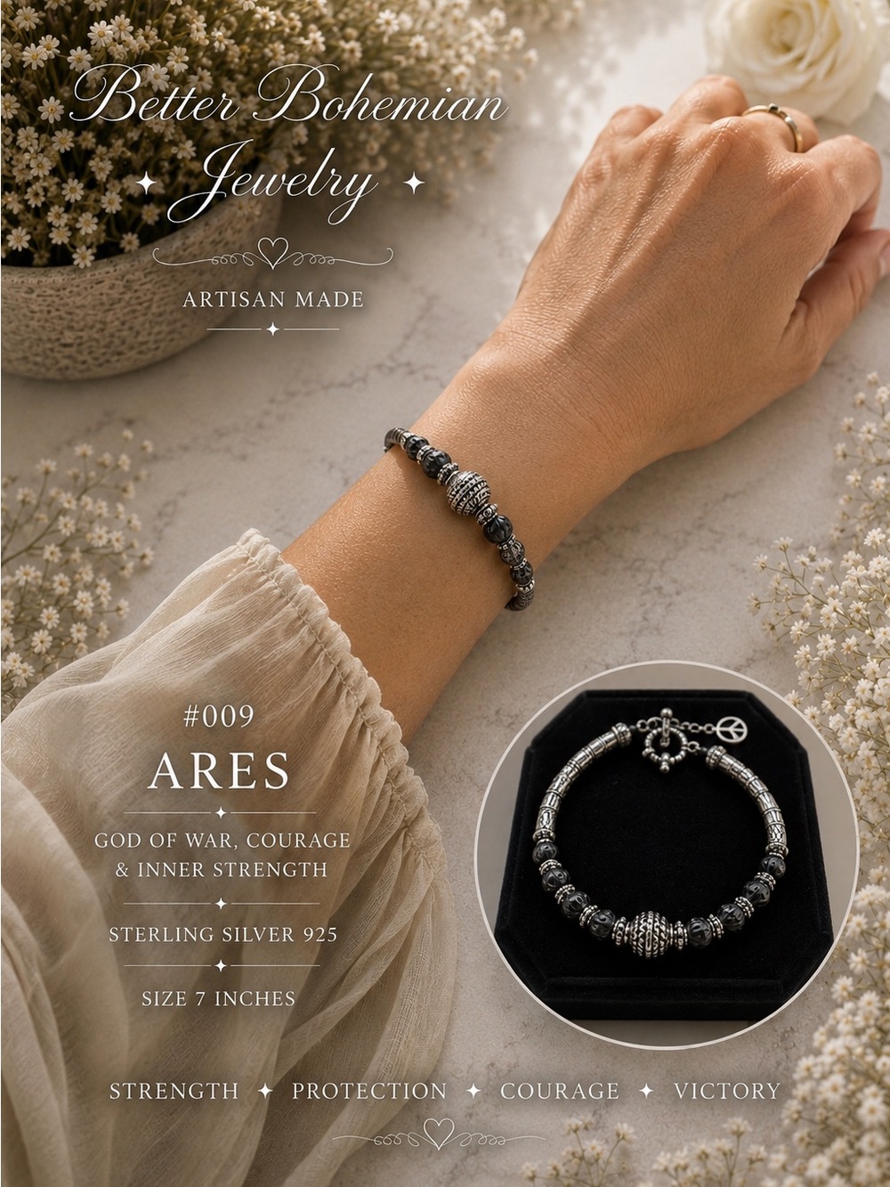 ARES #009 Sterling Silver 925 Black Bracelet 7” Artisan Made